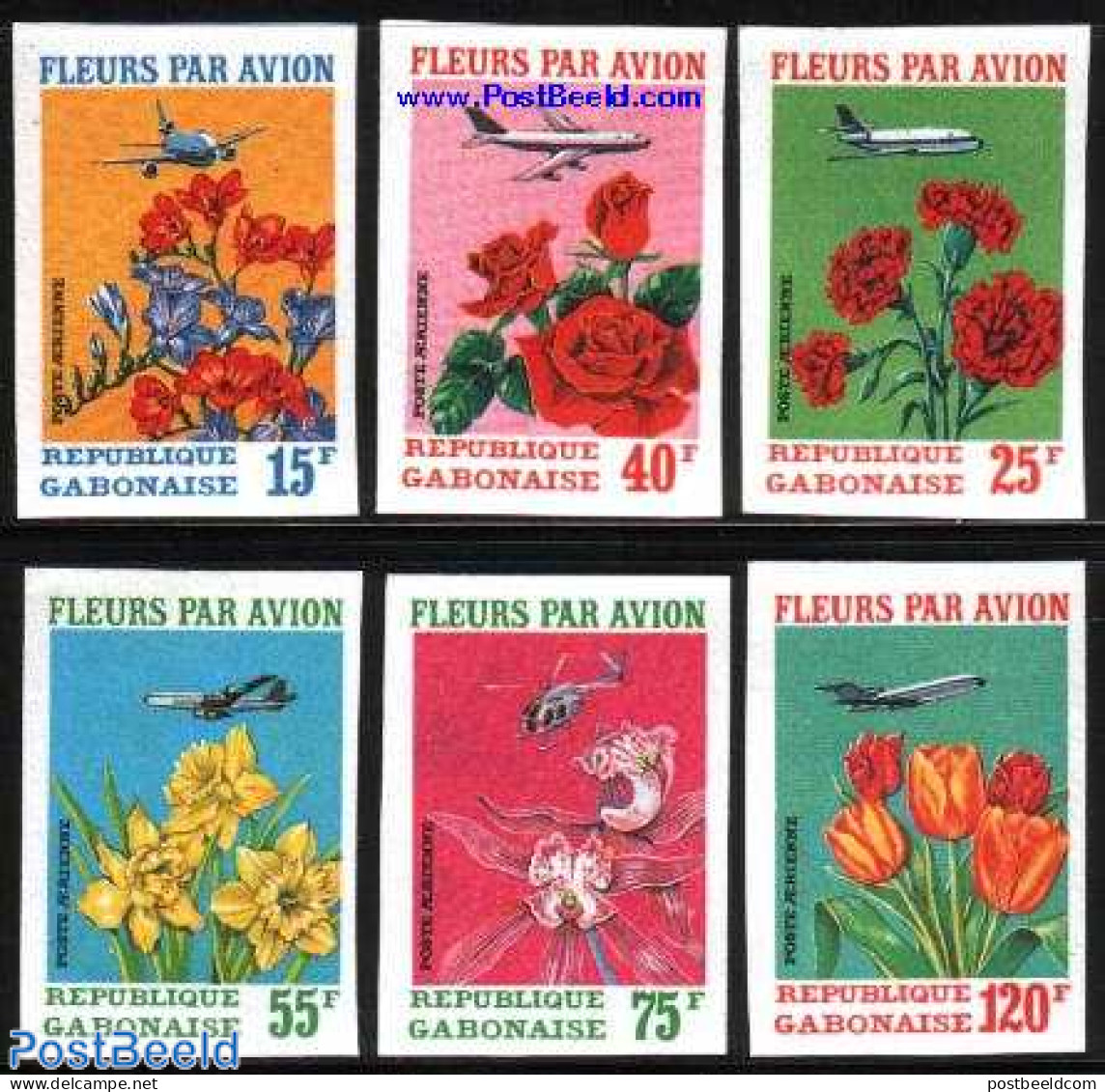 Gabon 1971 Flowers By Plane 6v Imperforated, Mint NH, Nature - Transport - Flowers & Plants - Roses - Helicopters - Ai.. - Unused Stamps