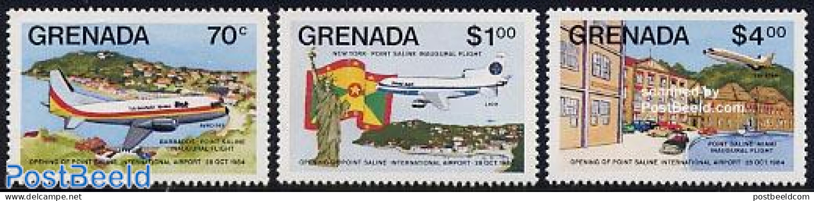 Grenada 1985 New Airport 3v, Mint NH, Transport - Aircraft & Aviation - Vliegtuigen