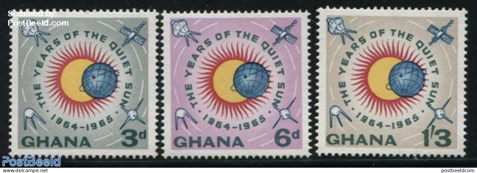 Ghana 1965 Quiet Sun Year 3v, Mint NH, Science - Transport - Astronomy - Space Exploration - Astrologia