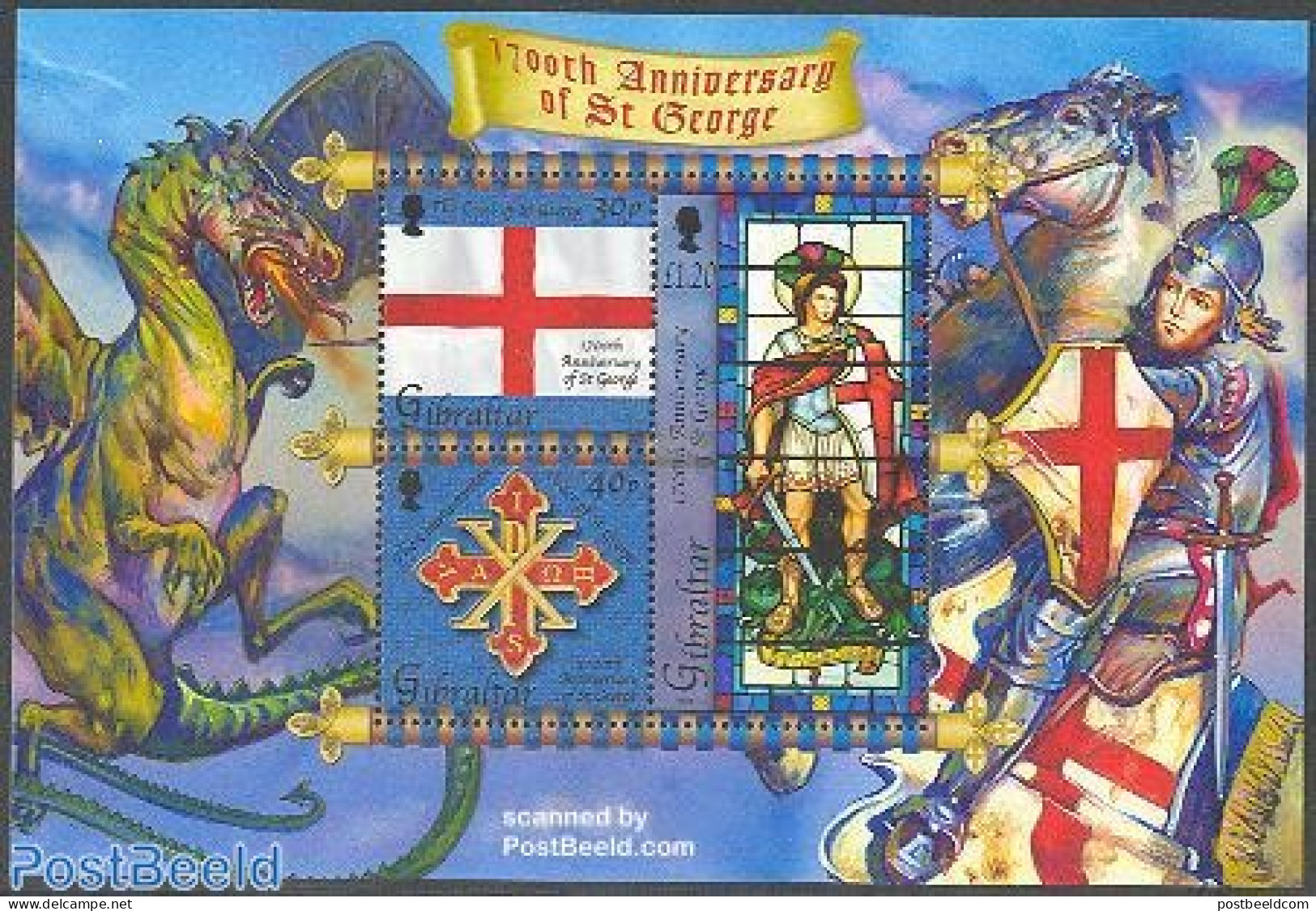 Gibraltar 2003 St. George S/s, Mint NH, History - Nature - Decorations - Flags - Knights - Horses - Art - Stained Glas.. - Militaria