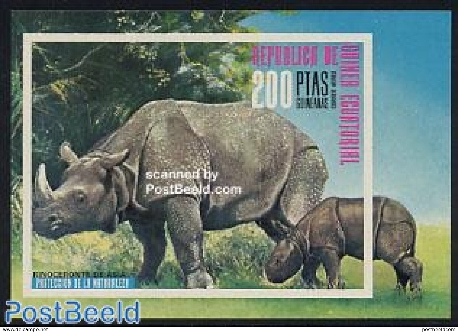 Equatorial Guinea 1976 Asian Rhino S/s Imperforated, Mint NH, Nature - Animals (others & Mixed) - Rhinoceros - Äquatorial-Guinea