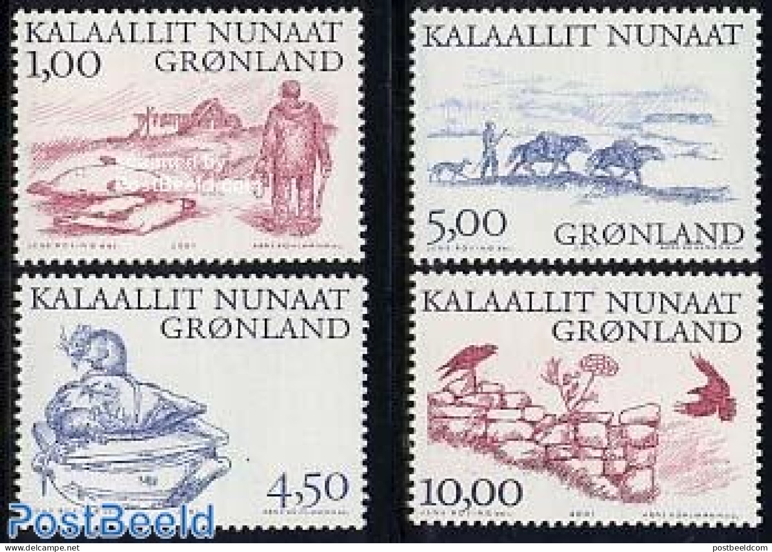 Greenland 2001 Arctic Vikings 4v, Mint NH, Nature - Birds - Dogs - Sea Mammals - Nuevos