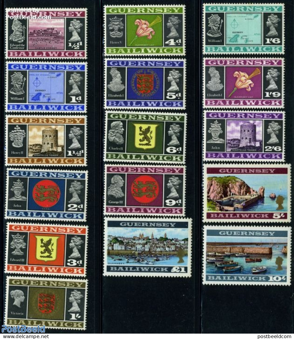 Guernsey 1969 Definitives 16v, Mint NH, History - Transport - Coat Of Arms - Kings & Queens (Royalty) - Ships And Boat.. - Familias Reales