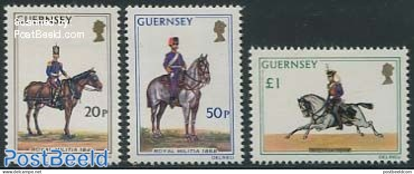 Guernsey 1975 Uniforms 3v, Mint NH, Nature - Various - Horses - Uniforms - Costumes