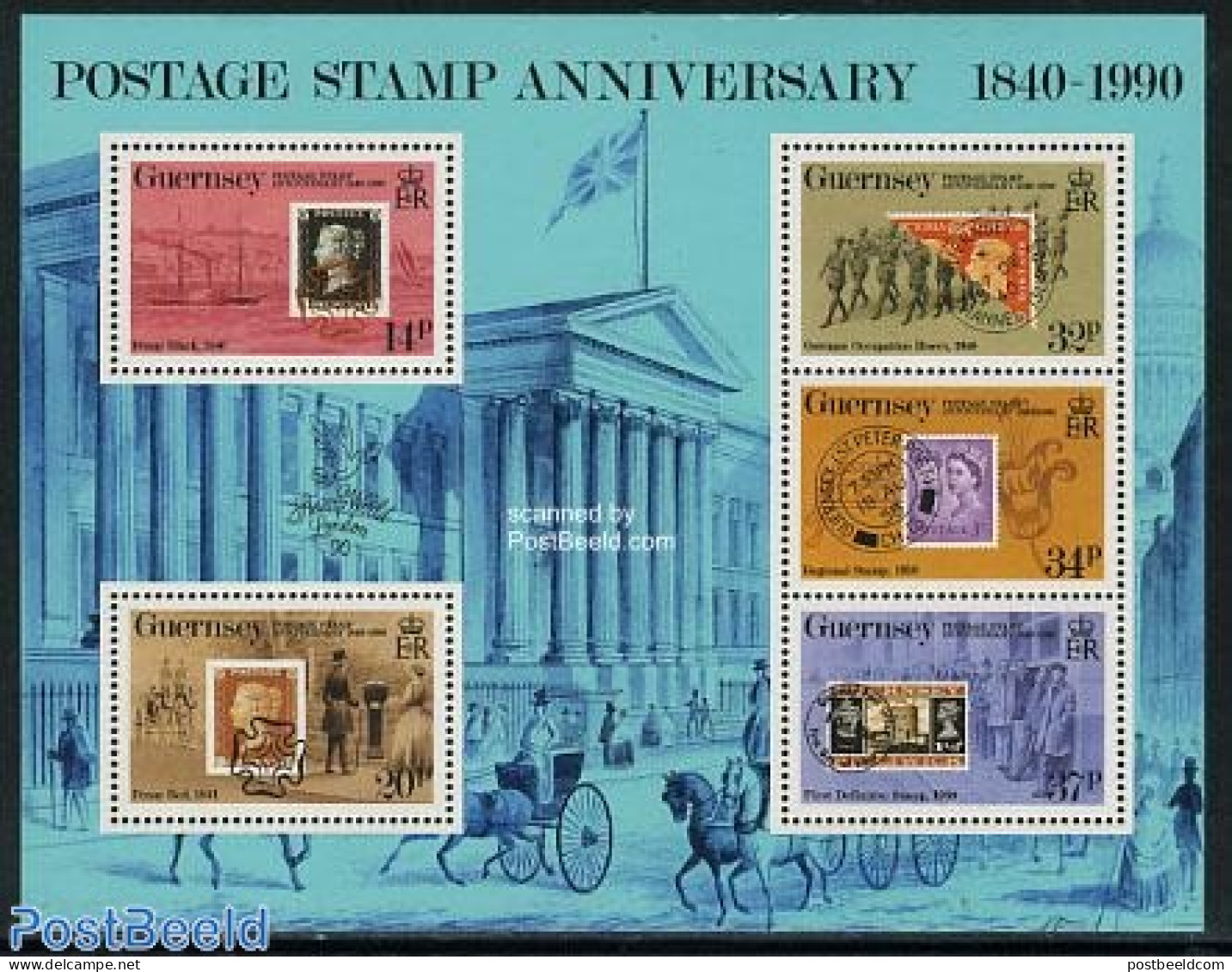 Guernsey 1990 150th Anniversary Of Stamps S/s, Mint NH, History - Nature - Performance Art - Transport - Various - Mil.. - Militares