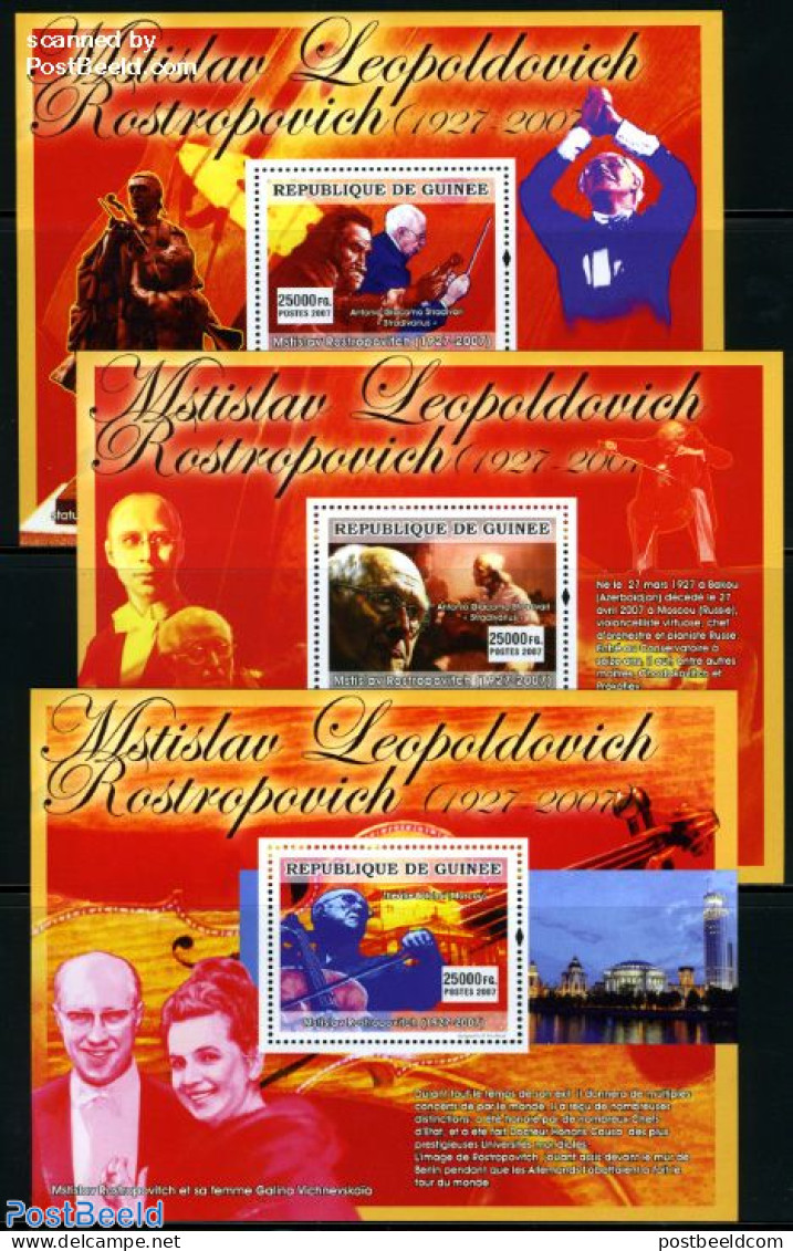 Guinea, Republic 2007 M.L. Rostropovich 3 S/s, Mint NH, Performance Art - Music - Musik