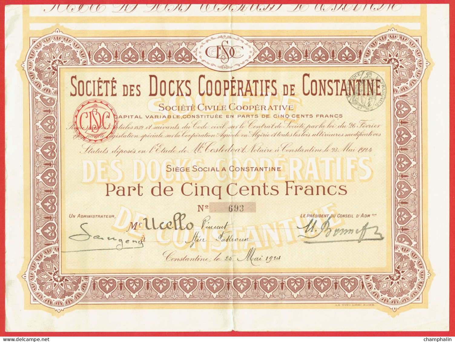 Actions - Algérie - Société Des Docks Coopératifs De Constantine - 23 Mai 1924 - Part De 500 Francs - Aïn-Fakroun - Afrika