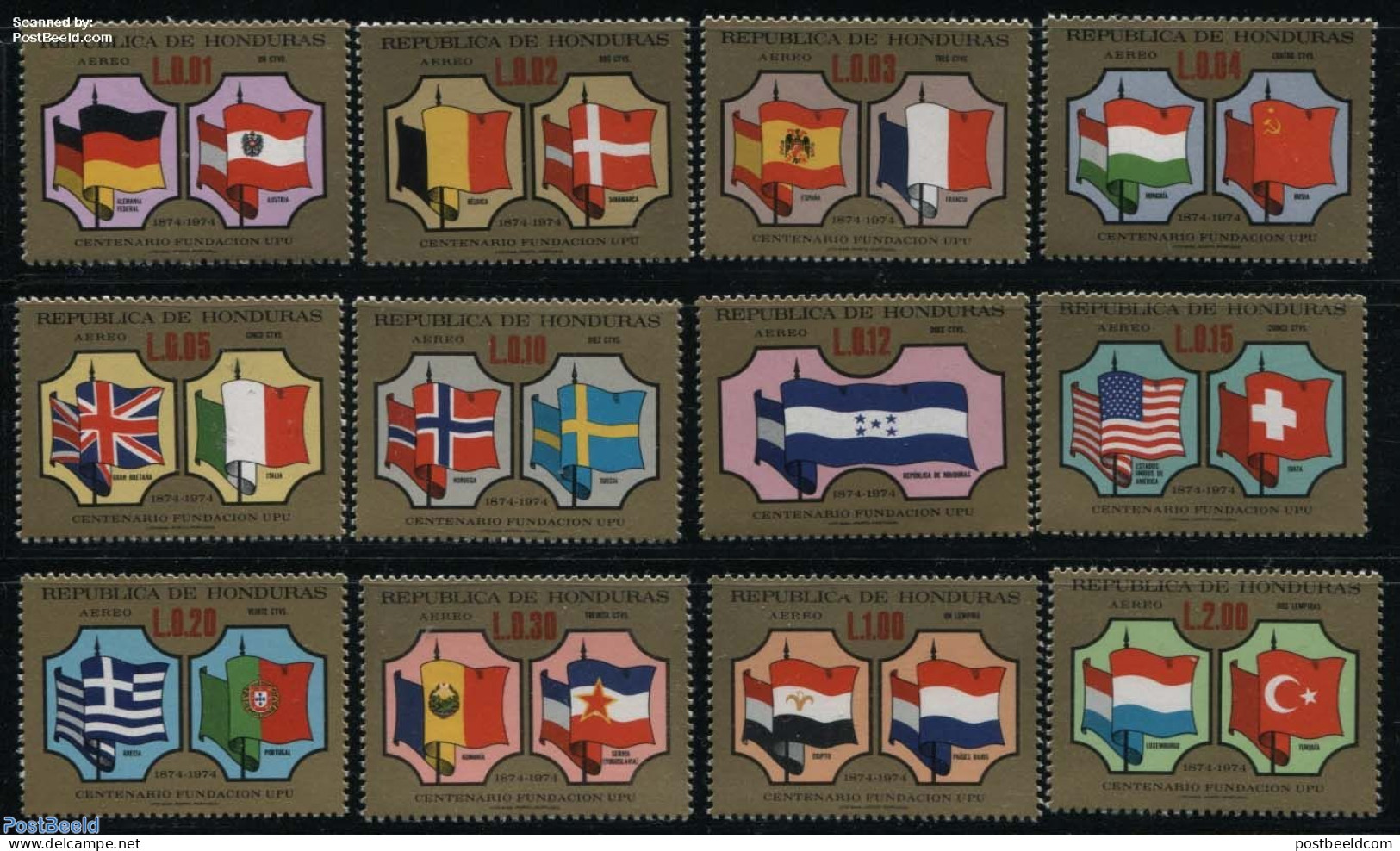 Honduras 1975 UPU Centenary 12v, Mint NH, History - Flags - Netherlands & Dutch - U.P.U. - Geography