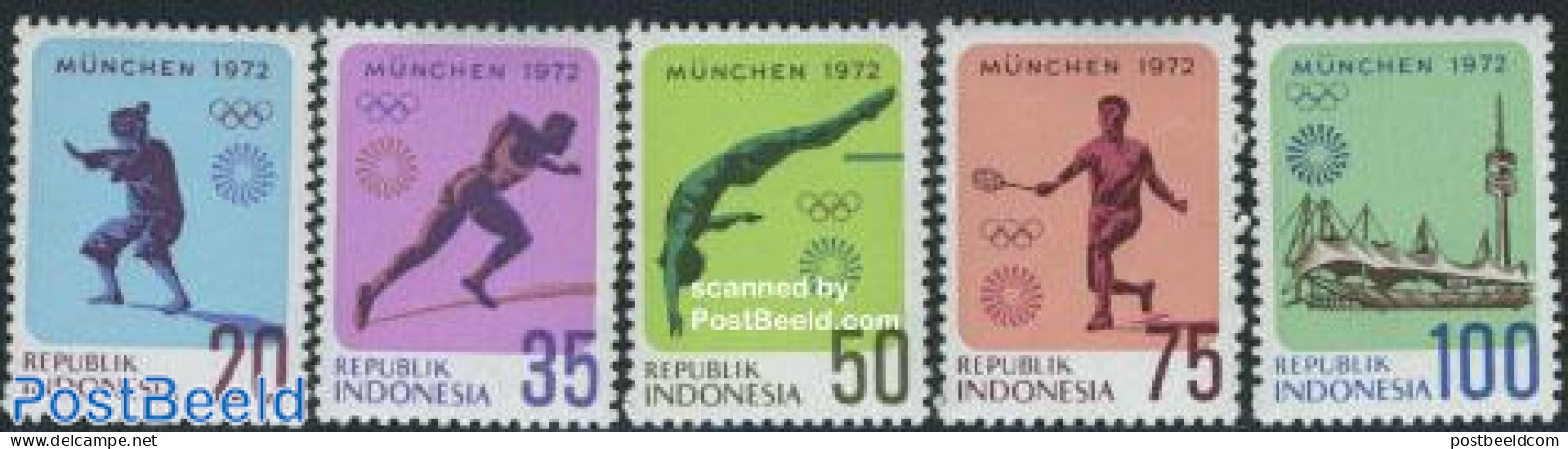 Indonesia 1972 Olympic Games Munich 5v, Mint NH, Sport - Athletics - Badminton - Olympic Games - Swimming - Leichtathletik