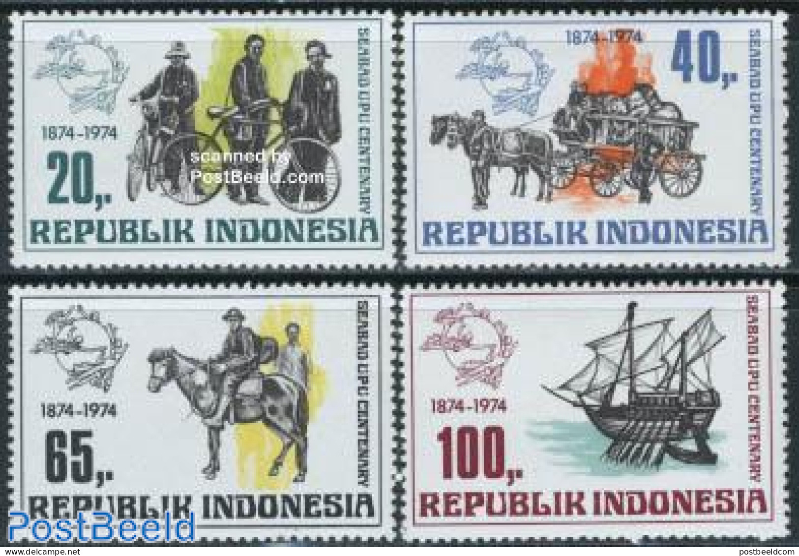 Indonesia 1974 UPU Centenary 4v, Mint NH, Nature - Sport - Transport - Horses - Cycling - Post - U.P.U. - Coaches - Sh.. - Ciclismo