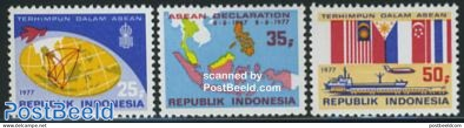 Indonesia 1977 ASEAN 10th Anniversary 3v, Mint NH, History - Transport - Various - Flags - Railways - Ships And Boats .. - Trains