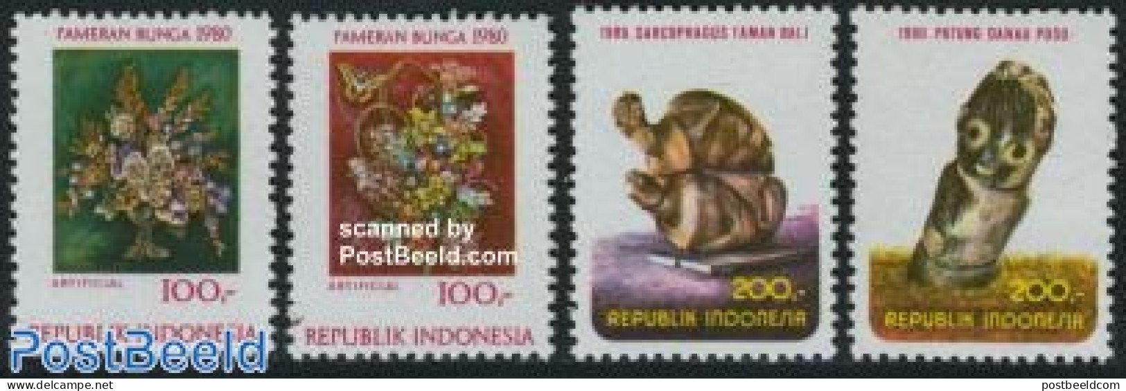 Indonesia 1980 London 80 4v (from S/s), Mint NH, Nature - Flowers & Plants - Art - Sculpture - Beeldhouwkunst