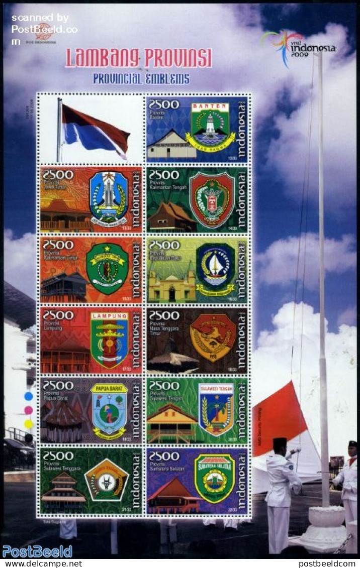 Indonesia 2009 Provincial Emblems 11v M/s, Mint NH, History - Nature - Transport - Coat Of Arms - Birds - Ships And Bo.. - Bateaux