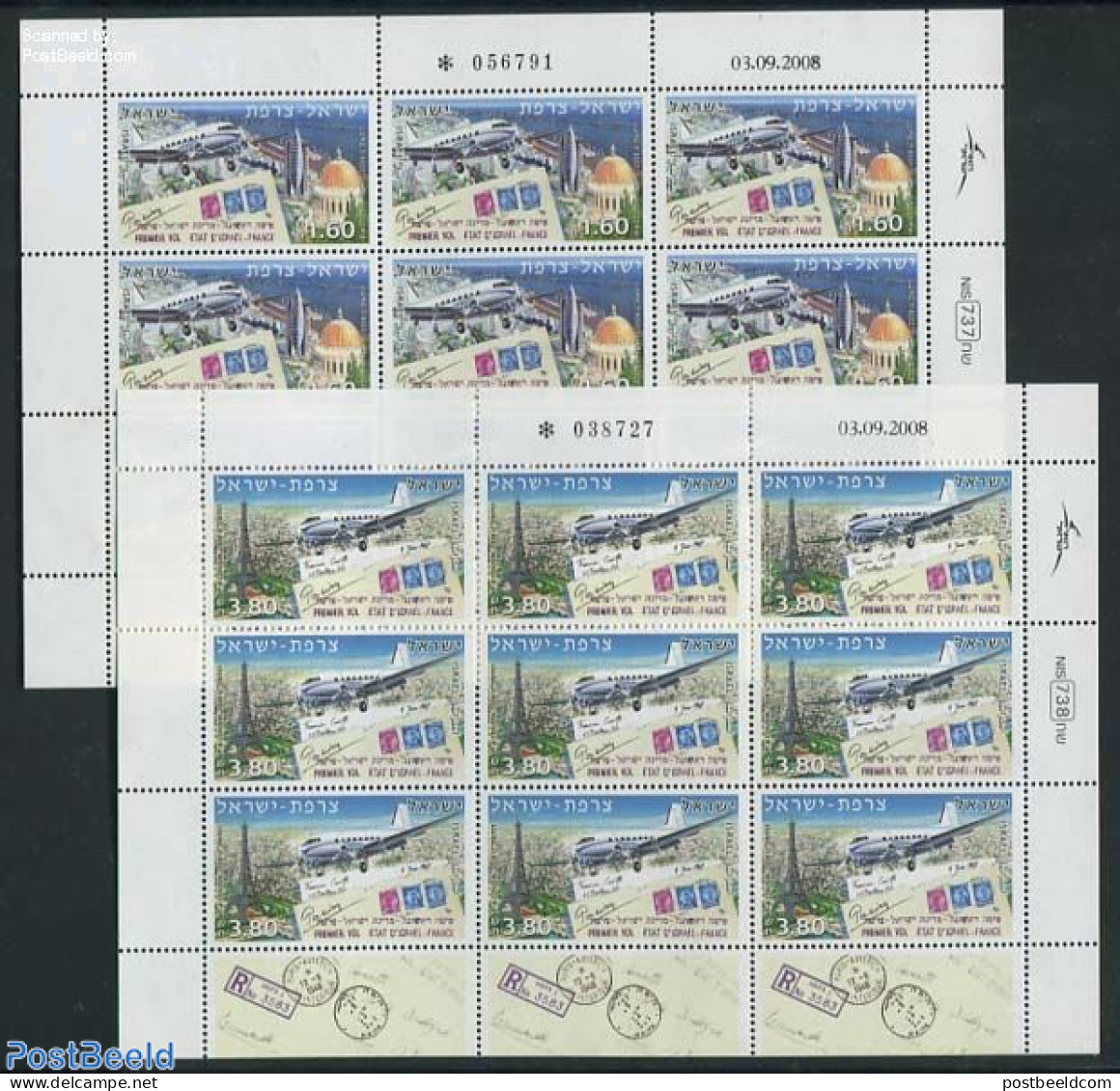 Israel 2008 First Israel-France Flight 2 M/ss, Mint NH, Transport - Various - Stamps On Stamps - Aircraft & Aviation -.. - Ongebruikt (met Tabs)