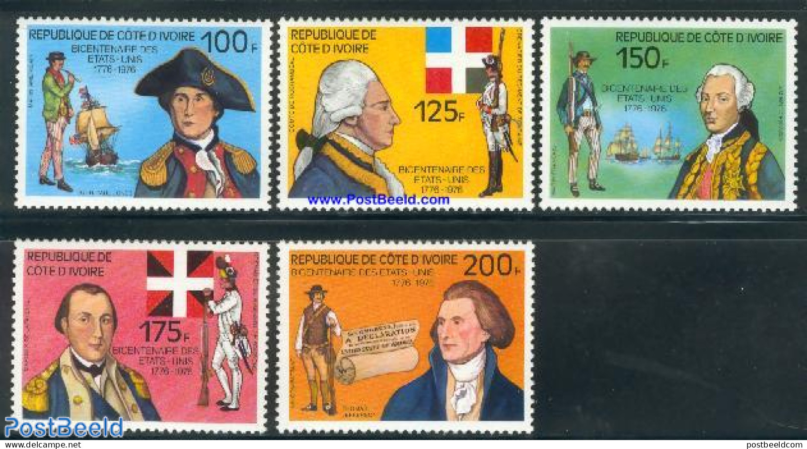 Ivory Coast 1976 US Independence 5v, Mint NH, History - Transport - Various - American Presidents - US Bicentenary - S.. - Unused Stamps
