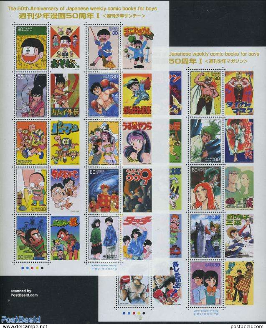 Japan 2009 50 Years Weekly Comic Books For Boys 20v (2 M/s), Mint NH, Nature - Sport - Transport - Fish - Baseball - S.. - Nuevos