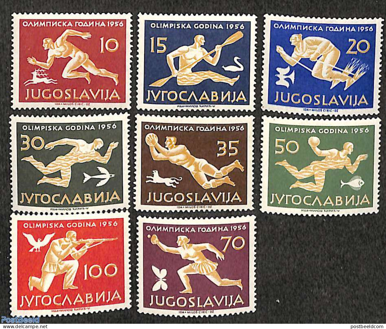 Yugoslavia 1956 Olympic Games Melbourne 8v, Mint NH, Nature - Sport - Butterflies - Dogs - Kayaks & Rowing - Olympic G.. - Unused Stamps