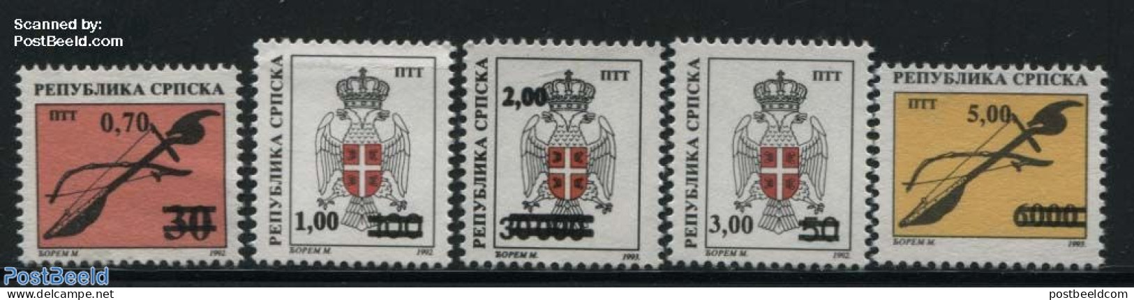 Bosnia Herzegovina - Serbian Adm. 1996 Overprints 5v, Mint NH, History - Performance Art - Coat Of Arms - Music - Musi.. - Music