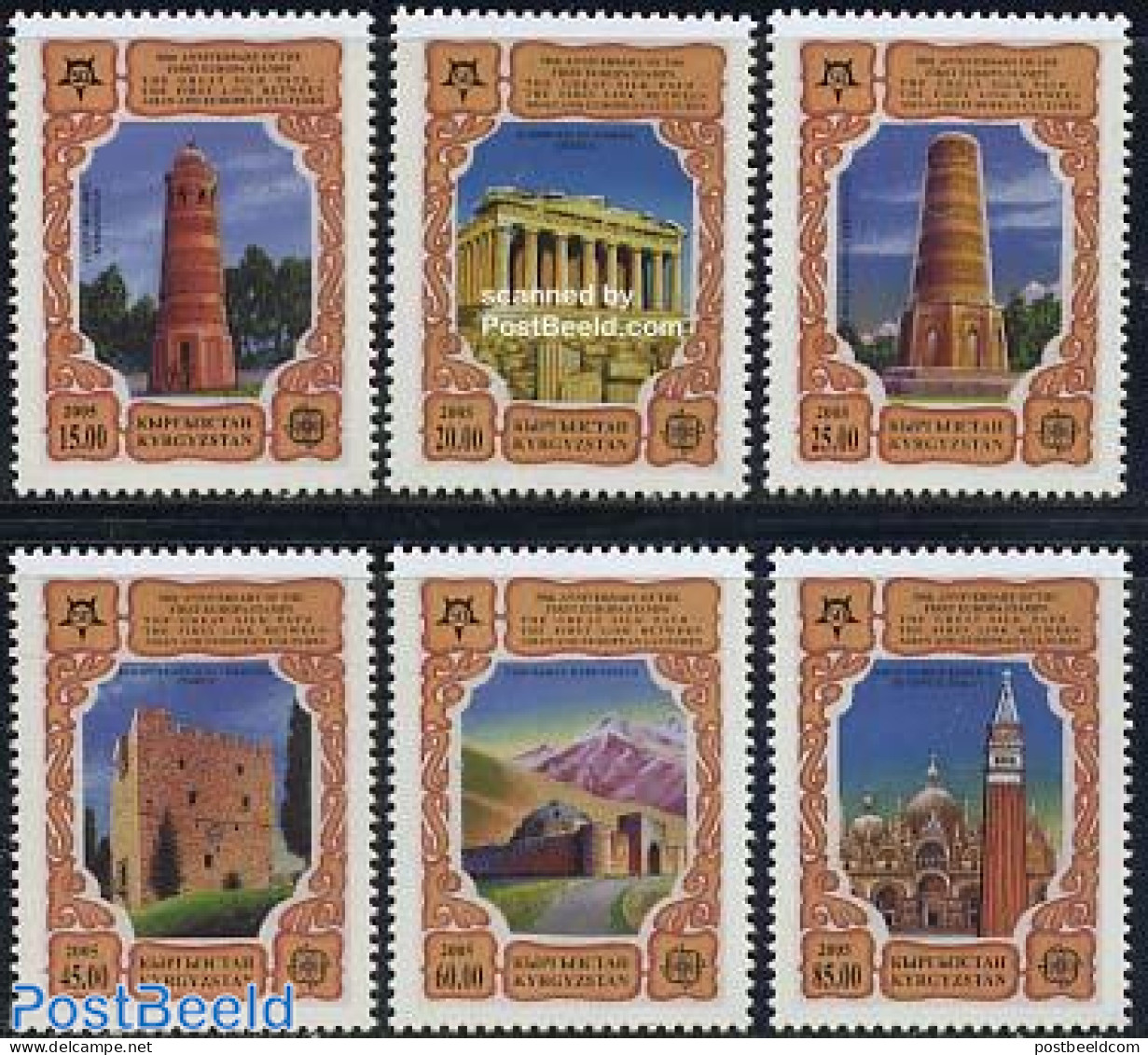 Kyrgyzstan 2005 50 Years Europa Stamps 6v, Mint NH, History - Religion - Europa Hang-on Issues - Churches, Temples, Mo.. - Europäischer Gedanke