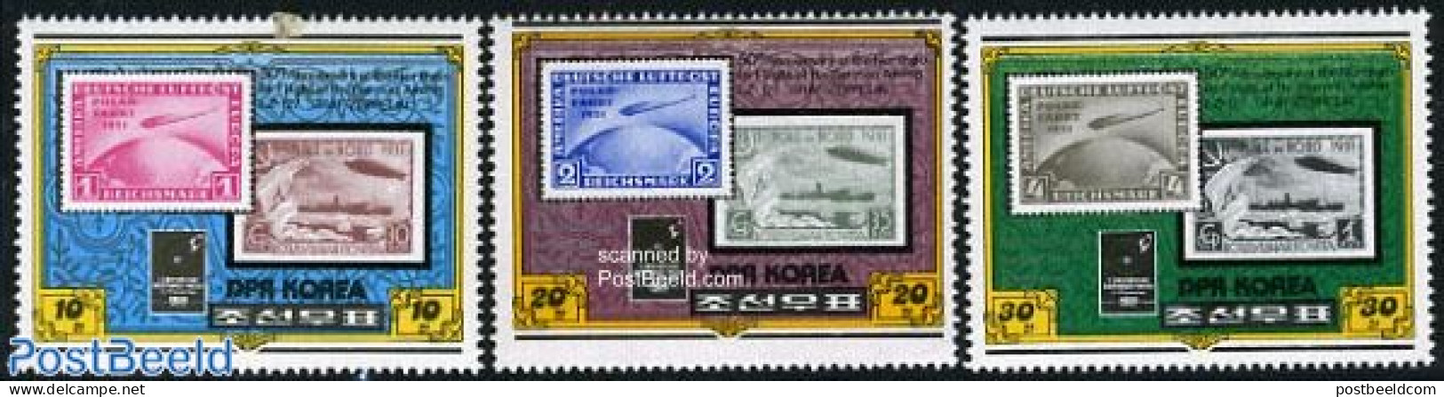 Korea, North 1980 Int. Stamp Fair Essen 3v, Mint NH, Transport - Stamps On Stamps - Ships And Boats - Zeppelins - Sellos Sobre Sellos