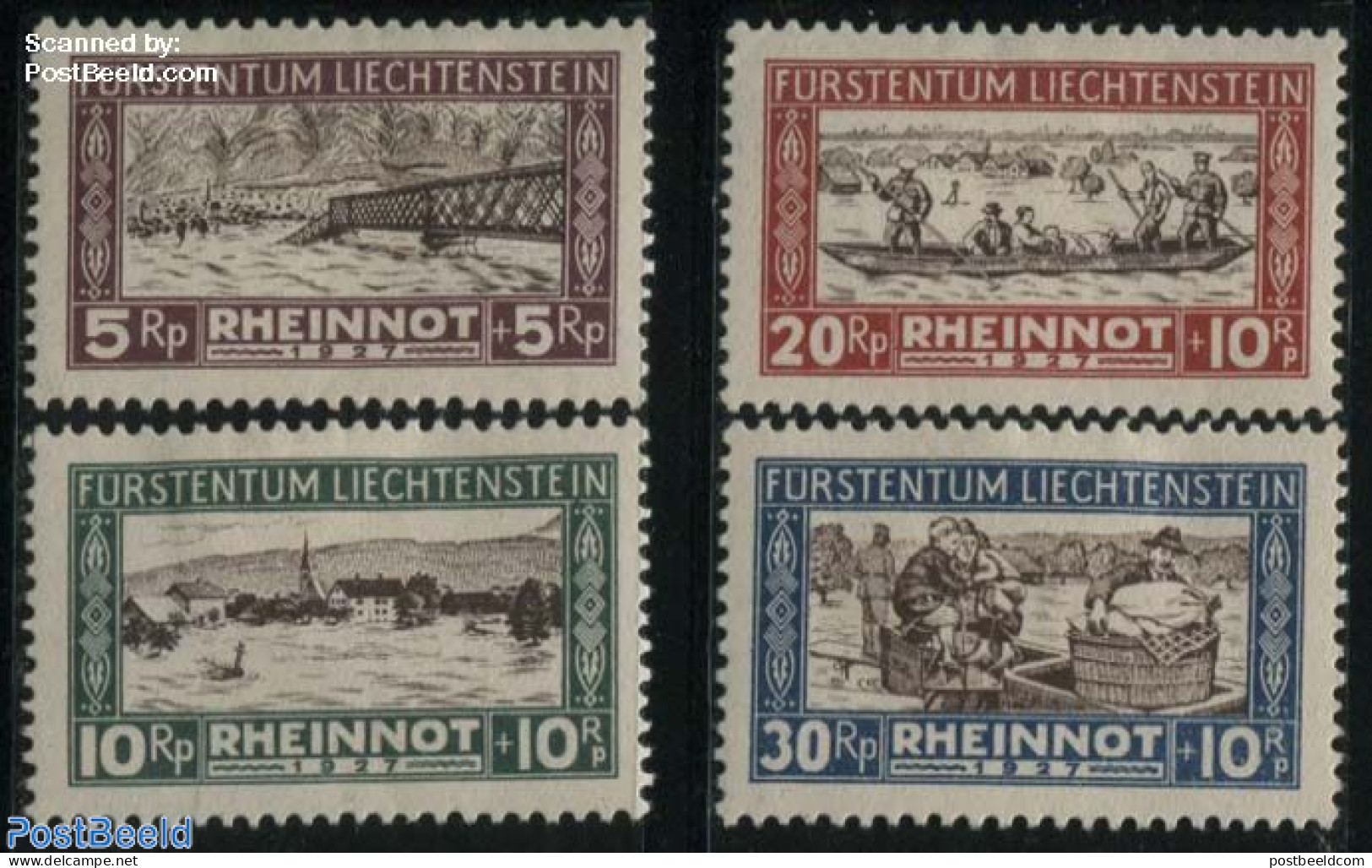 Liechtenstein 1928 Flooding Fund 4v, Mint NH, History - Nature - Transport - Water, Dams & Falls - Ships And Boats - A.. - Ongebruikt