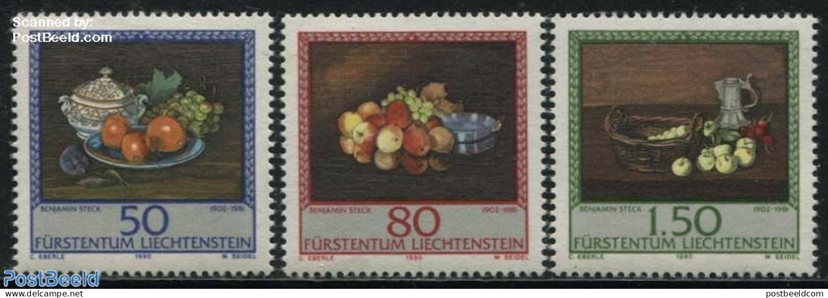 Liechtenstein 1990 Paintings 3v, Mint NH, Nature - Fruit - Art - Paintings - Unused Stamps