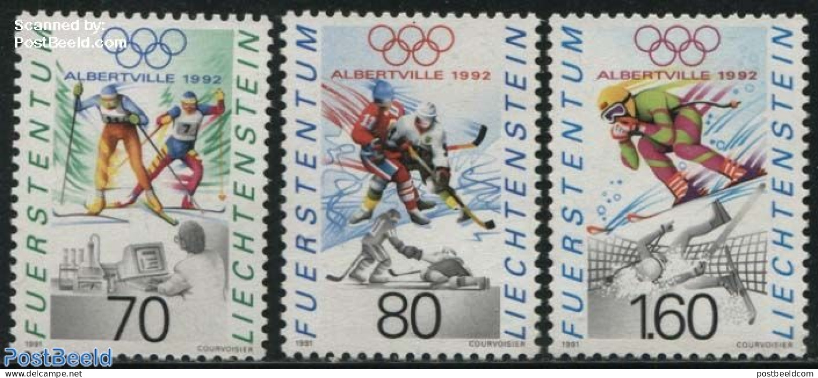 Liechtenstein 1991 Olympic Winter Games Albertville 3v, Mint NH, Science - Sport - Computers & IT - Ice Hockey - Olymp.. - Unused Stamps