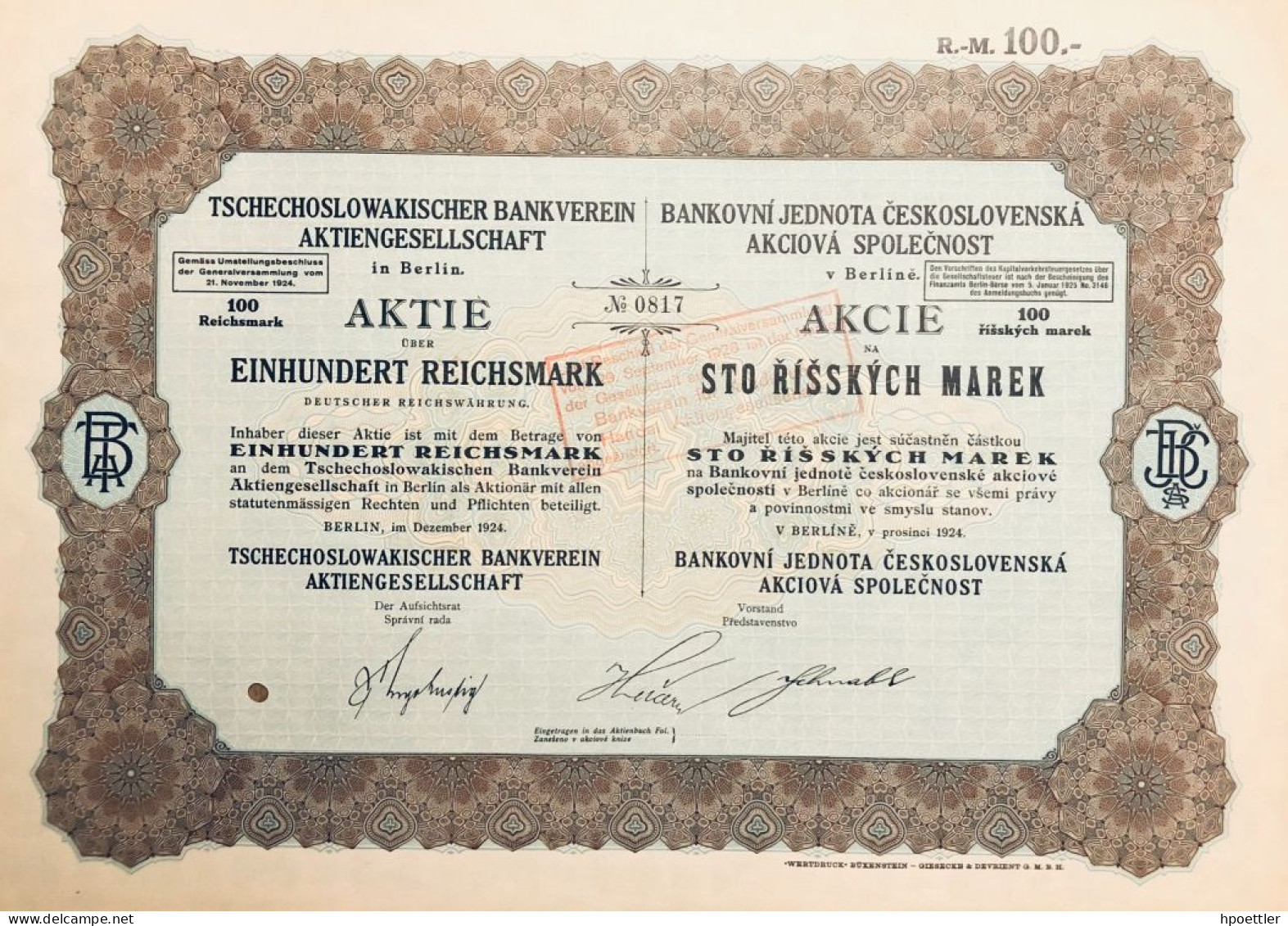 1924: Action - 100 RM - Tschechoslovakischer Bankverein  AG - Bank & Versicherung