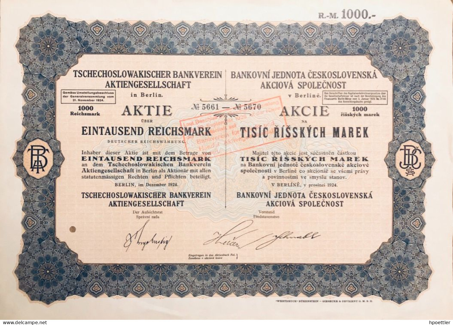 1924: Action - 1.000 RM - Tschechoslovakischer Bankverein  AG - Bank & Versicherung