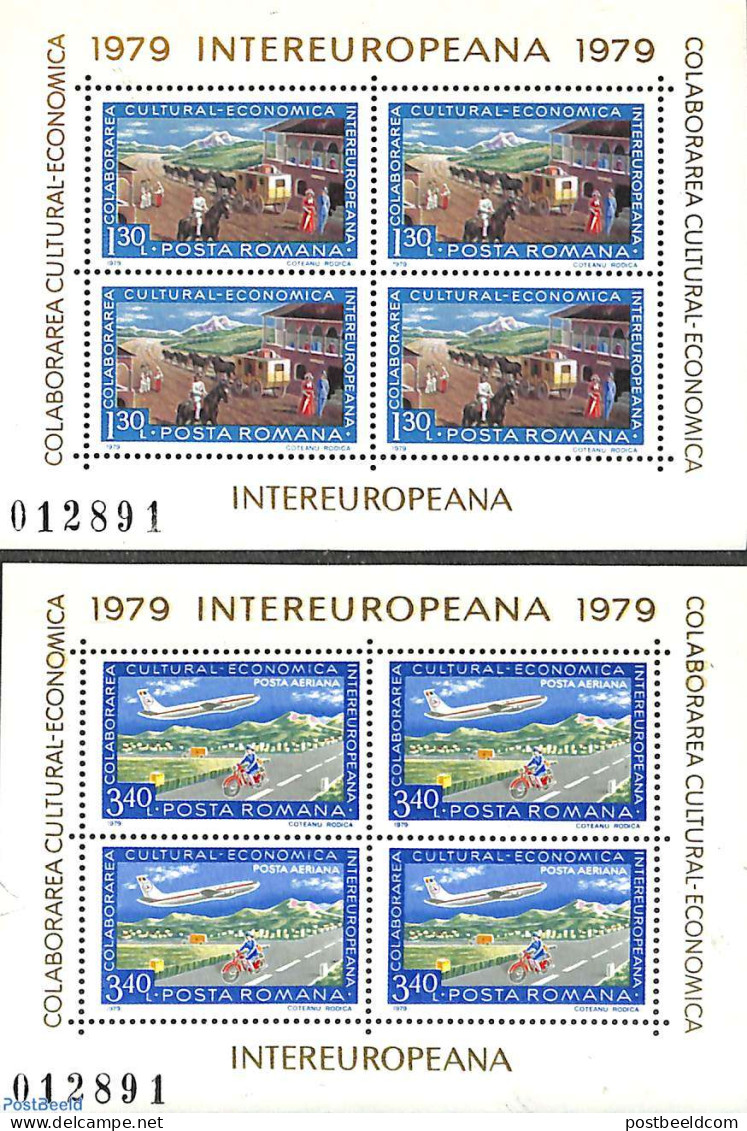 Romania 1979 Intereuropa 2 S/s, Mint NH, History - Transport - Europa Hang-on Issues - Post - Motorcycles - Aircraft &.. - Ungebraucht