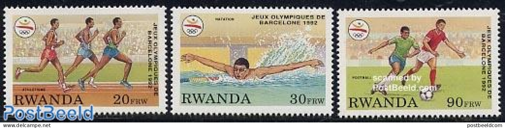 Rwanda 1993 Olympic Games Barcelona 3v, Mint NH, Sport - Athletics - Football - Olympic Games - Swimming - Athlétisme