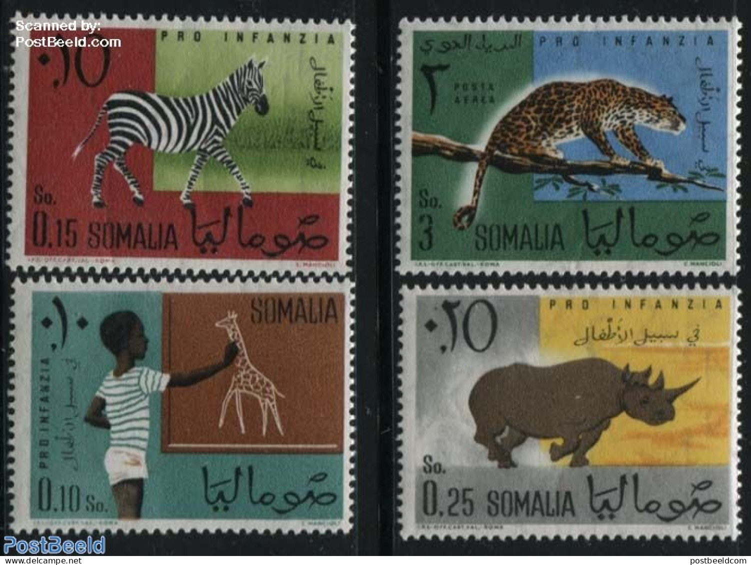 Somalia 1960 Children Aid, Animals 4v, Mint NH, Nature - Animals (others & Mixed) - Cat Family - Giraffe - Rhinoceros .. - Somalië (1960-...)