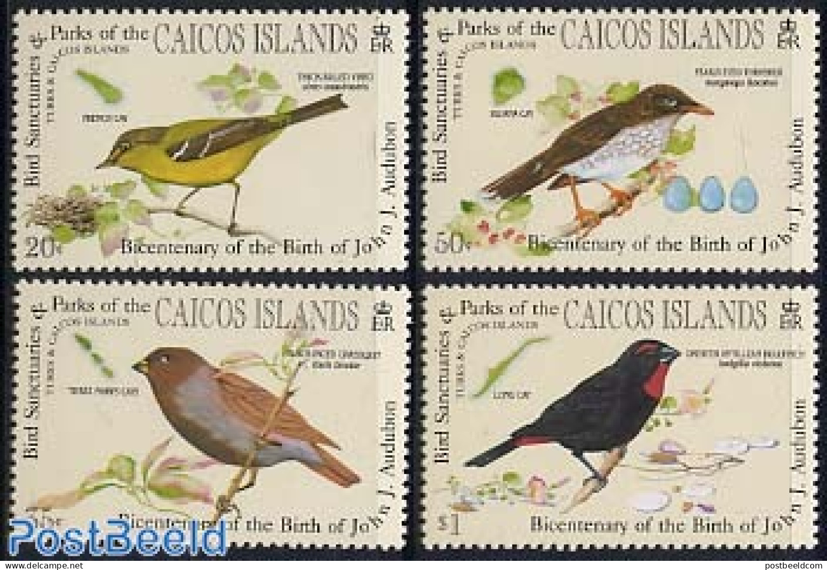 Turks And Caicos Islands 1985 J.J. Audubon 4v, Mint NH, Nature - Various - Birds - Shells & Crustaceans - Maps - Marine Life