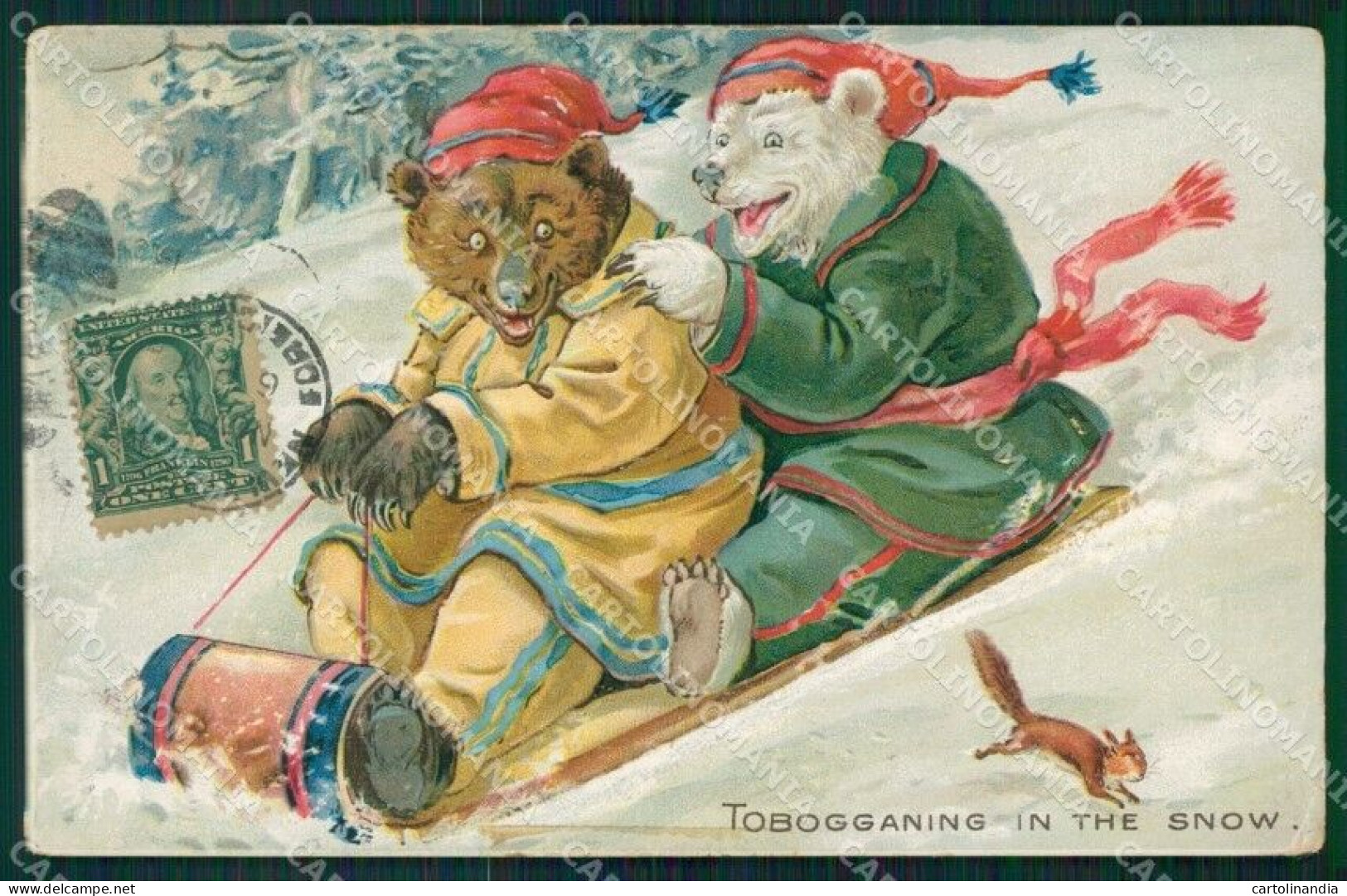 Thompson Dressed Bear Tobogganing Snow Relief Tuck ABRADED Postcard QT6778 - Other & Unclassified