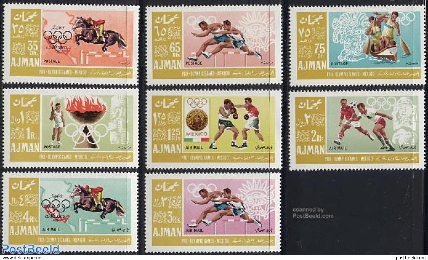 Ajman 1967 Olympic Games Mexico 8v, Mint NH, Nature - Sport - Various - Horses - Football - Olympic Games - Sport (oth.. - Géographie