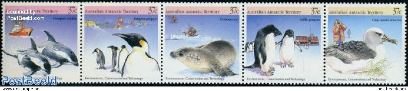 Australian Antarctic Territory 1988 Environment Technology 5v [::::], Mint NH, Nature - Transport - Birds - Penguins -.. - Elicotteri