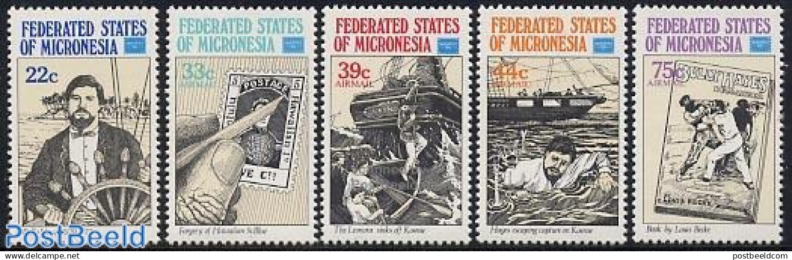 Micronesia 1986 Ameripex 86 5v, Mint NH, Transport - Philately - Stamps On Stamps - Ships And Boats - Art - Books - Briefmarken Auf Briefmarken
