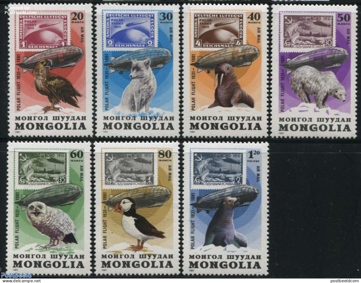 Mongolia 1981 Zeppelin Polar Flight 7v, Mint NH, Nature - Science - Transport - Birds - Owls - The Arctic & Antarctica.. - Sellos Sobre Sellos