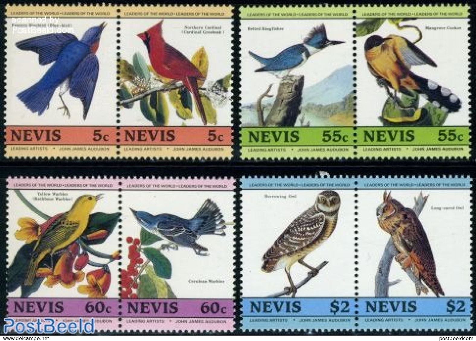 Nevis 1985 J.J. Audubon, Birds 4x2v [:], Mint NH, Nature - Birds - Owls - Kingfishers - St.Kitts-et-Nevis ( 1983-...)