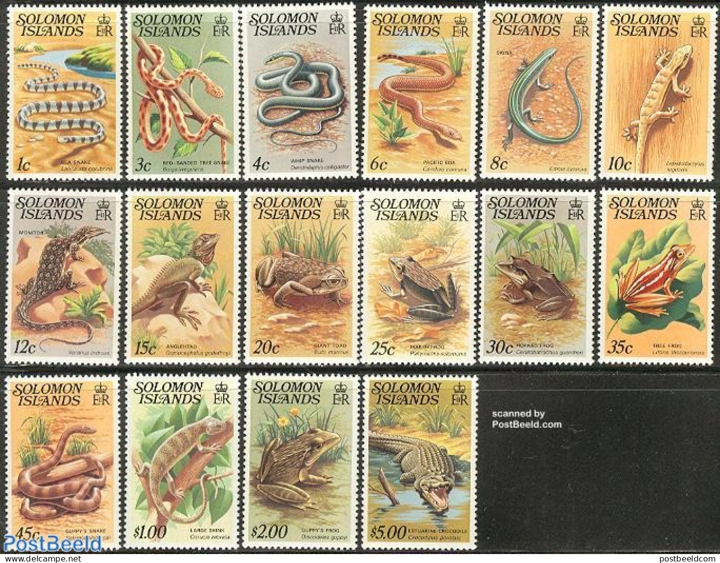 Solomon Islands 1979 Definitives, Reptiles 16v, Mint NH, Nature - Crocodiles - Frogs & Toads - Reptiles - Snakes - Isole Salomone (1978-...)