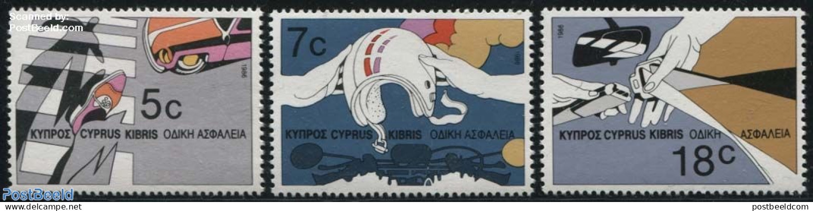 Cyprus 1986 European Traffic Safety 3v, Mint NH, History - Transport - Europa Hang-on Issues - Automobiles - Motorcycl.. - Nuevos