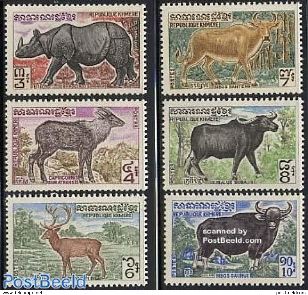 Cambodia 1972 Animals 6v, Mint NH, Nature - Animals (others & Mixed) - Cattle - Deer - Rhinoceros - Kambodscha