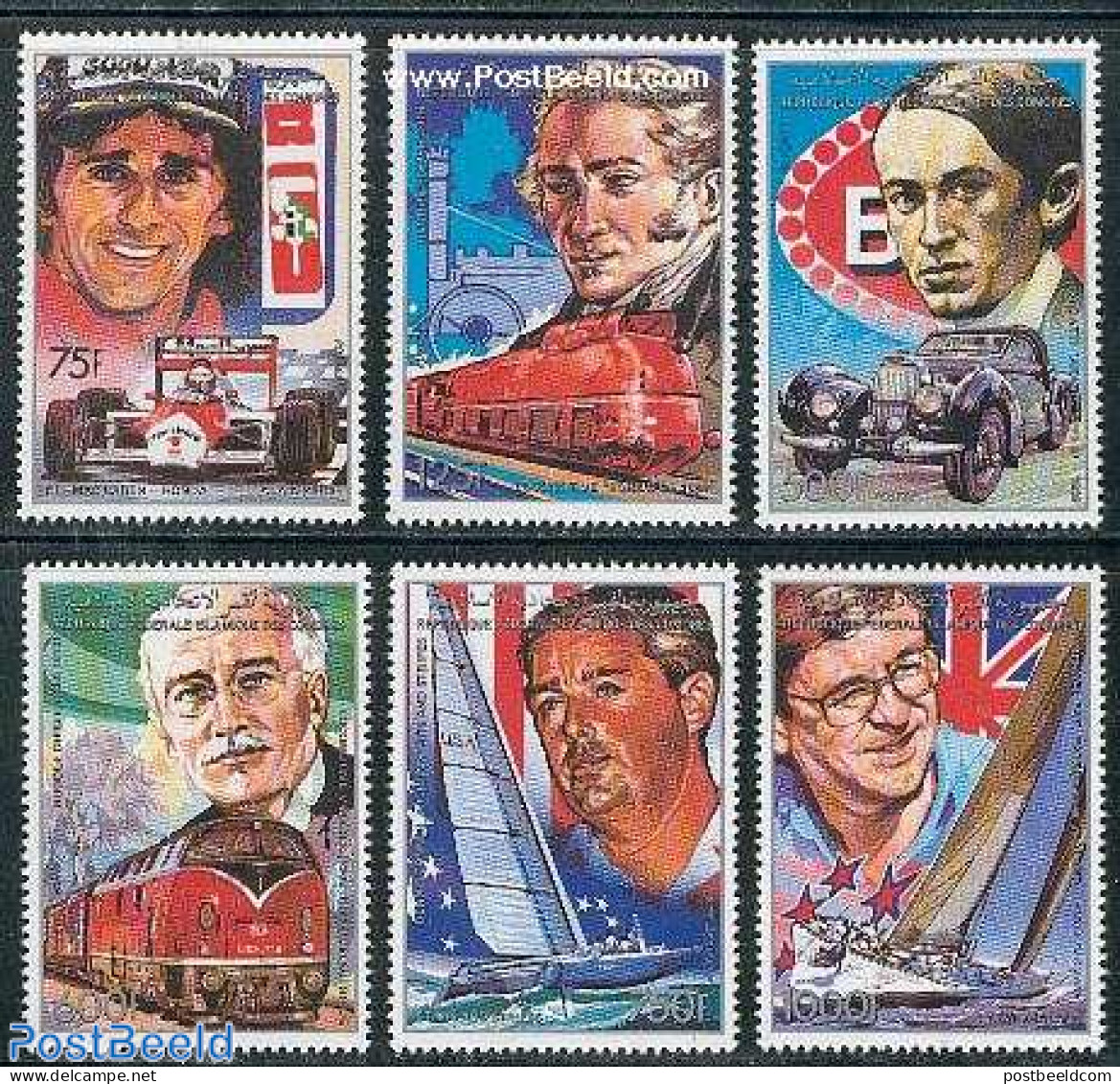 Comoros 1988 Traffic, Persons 6v, Mint NH, Sport - Transport - Sailing - Sport (other And Mixed) - Automobiles - Railw.. - Segeln