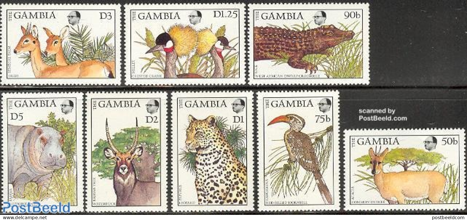 Gambia 1988 Animals & Plants 8v, Mint NH, Nature - Animals (others & Mixed) - Birds - Cat Family - Crocodiles - Flower.. - Gambia (...-1964)