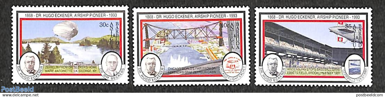 Antigua & Barbuda 1993 Hugo Eckener 3v, Mint NH, Transport - Zeppelins - Zeppelin