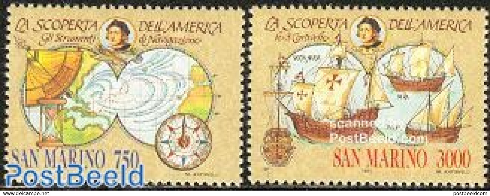 San Marino 1991 Discovery Of America 2v, Mint NH, History - Transport - Various - Explorers - Ships And Boats - Maps - Ongebruikt