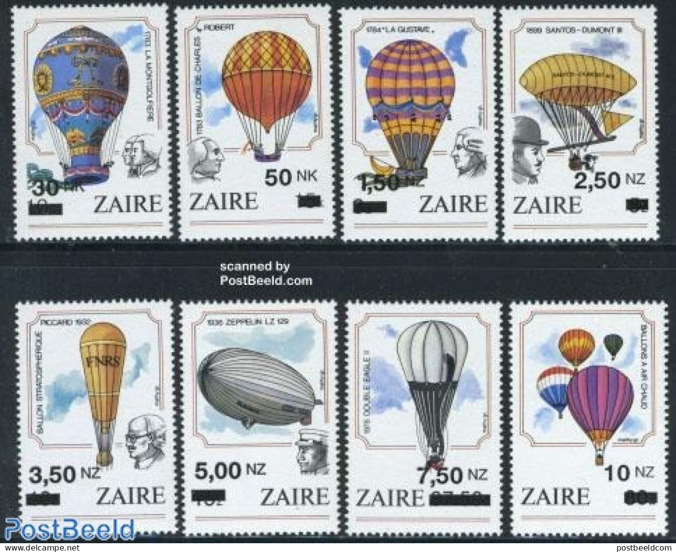 Congo Dem. Republic, (zaire) 1994 Overprints 8v, Mint NH, Transport - Balloons - Zeppelins - Montgolfières