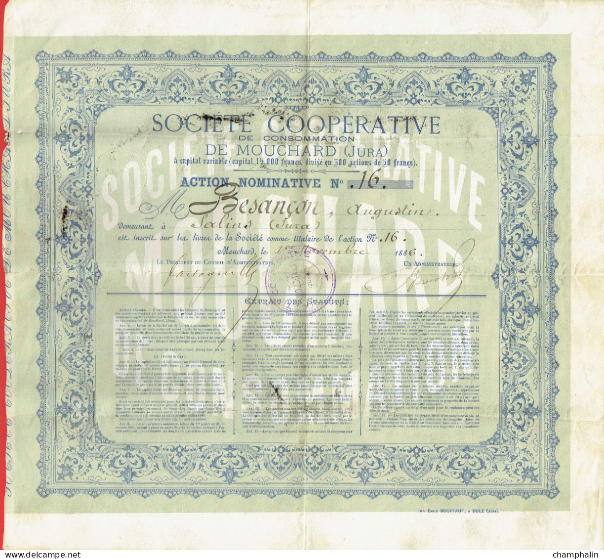 Actions - Société Coopérative De Consommation De Mouchard (39) - 1er Novembre 1886 - Action Nominative De 50 Francs - Autres & Non Classés