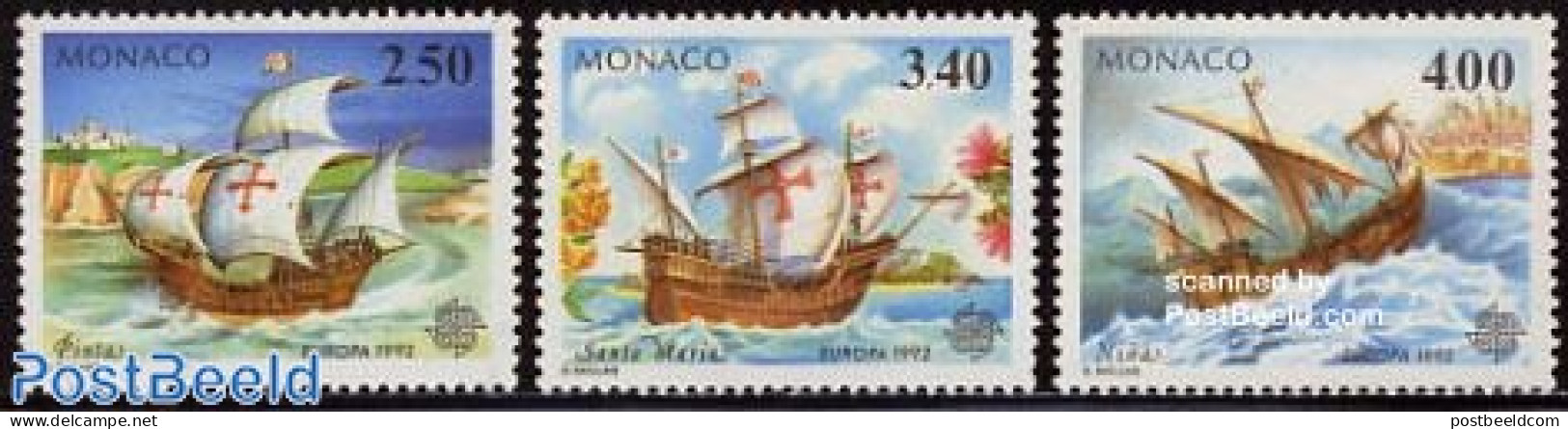 Monaco 1992 Europa, Discovery Of America 3v, Mint NH, History - Transport - Europa (cept) - Explorers - Ships And Boats - Ongebruikt