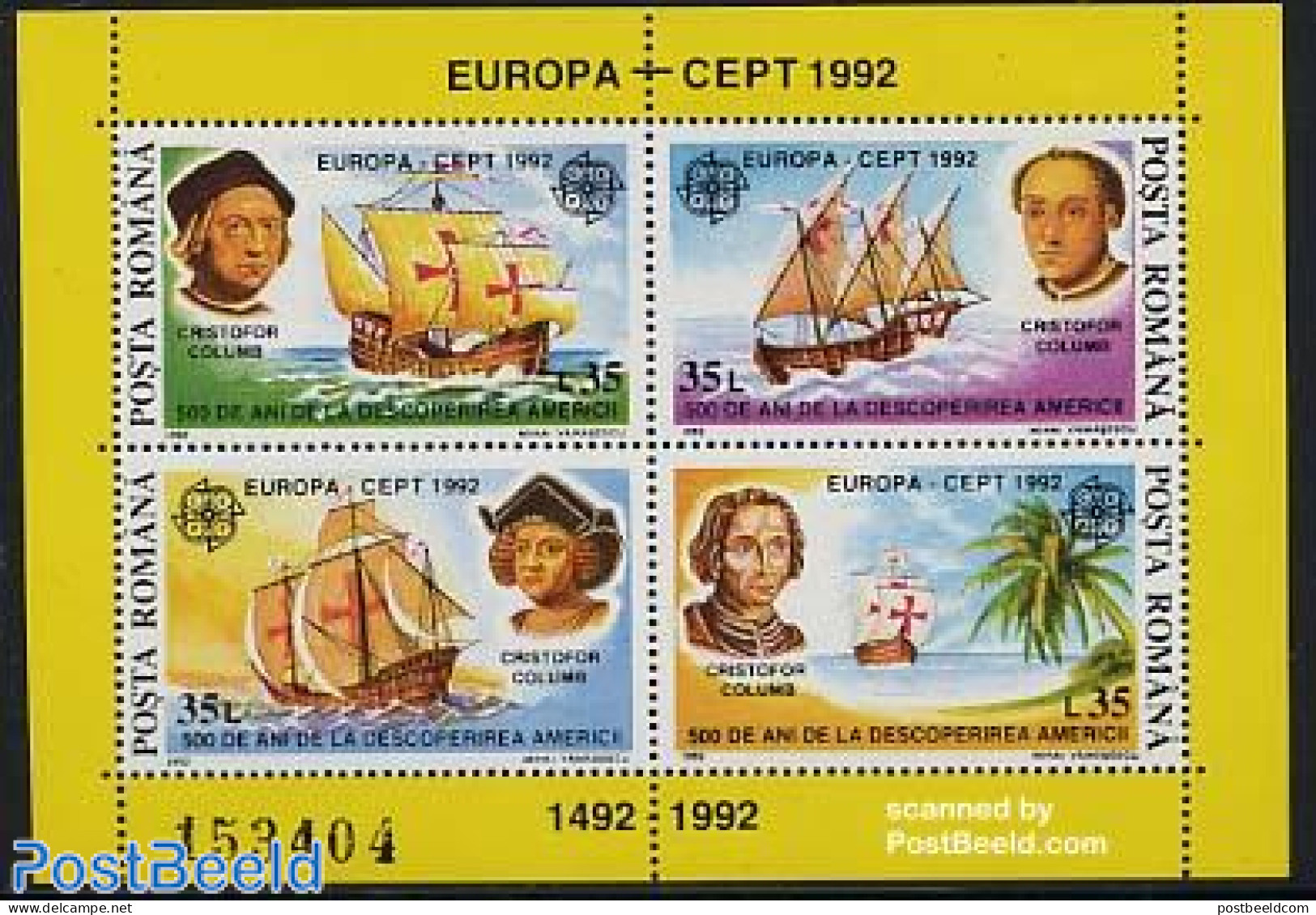 Romania 1992 Europa, Discovery Of America S/s, Mint NH, History - Transport - Europa (cept) - Explorers - Ships And Bo.. - Nuovi